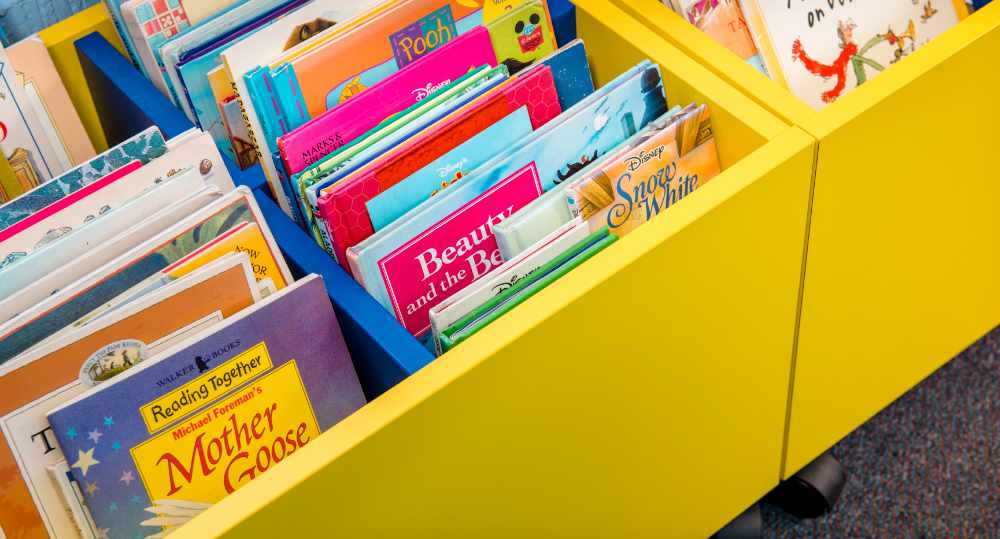 Yellow and blue bookcases for school library